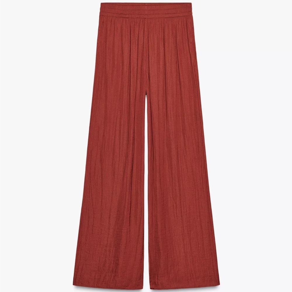 Zara Terracotta Orange Flowy Wide Leg Silky Satin Stretchy Pants Size Medium